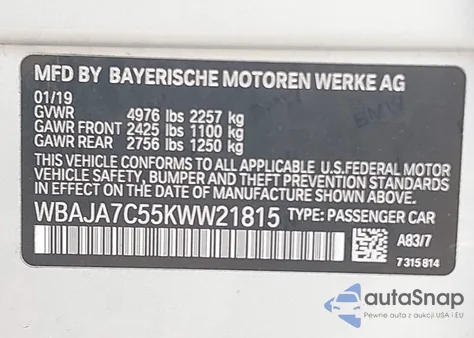 2019 BMW 530I xDrive z USA, uszkodzony, nr VIN WBAJA7C55KWW21815